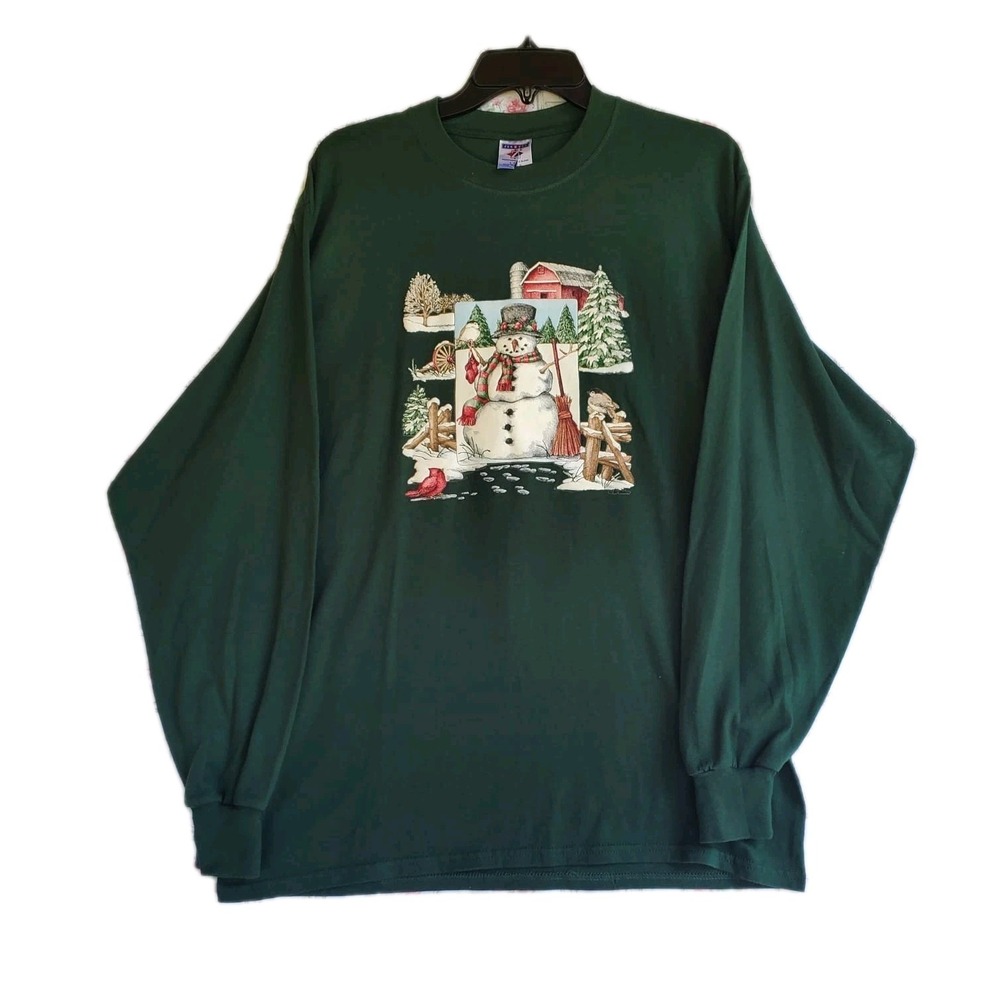 Vintage Jerzees Green Christmas Snowman Barn Winter Long Sleeve Sweatshirt Large